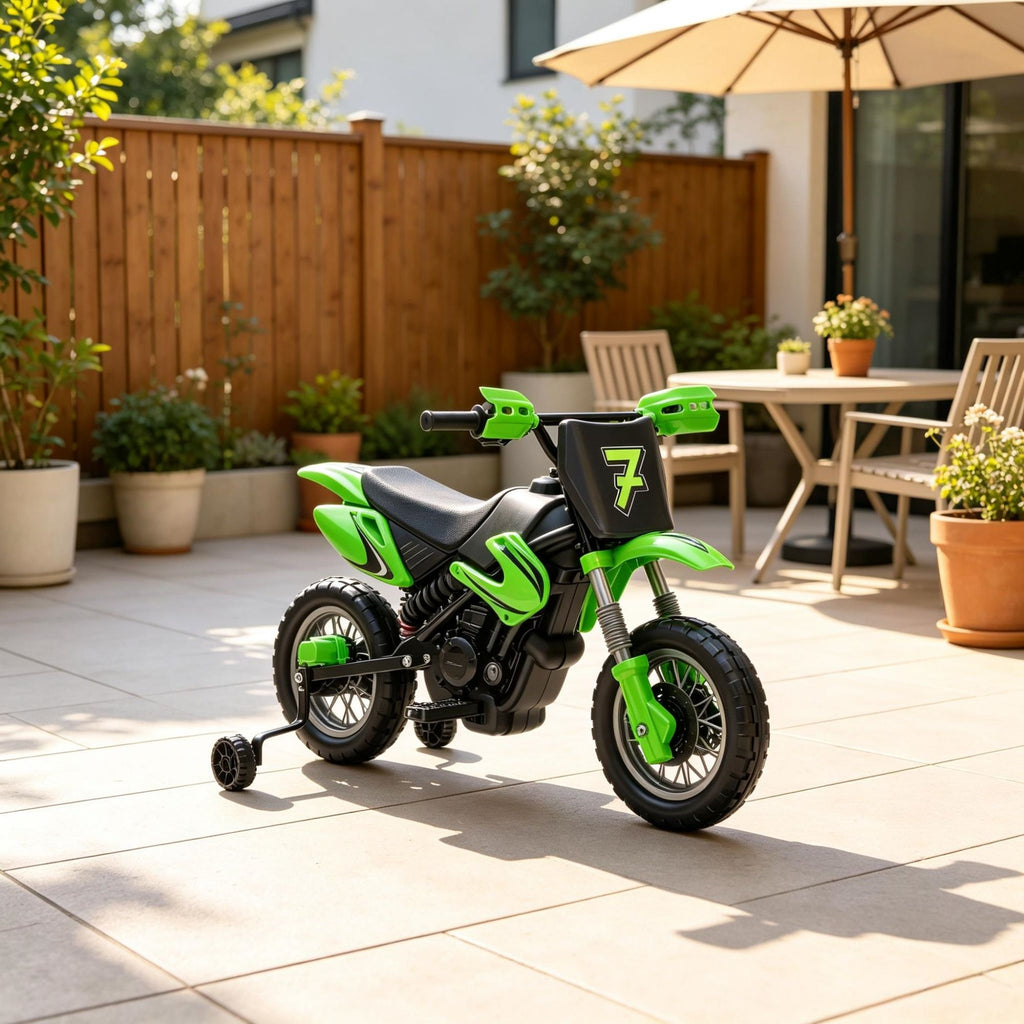 12V Kids Motorcycle 2 x 35W Electric Dirt Bike with Training Wheels Rear Suspension Horn Green