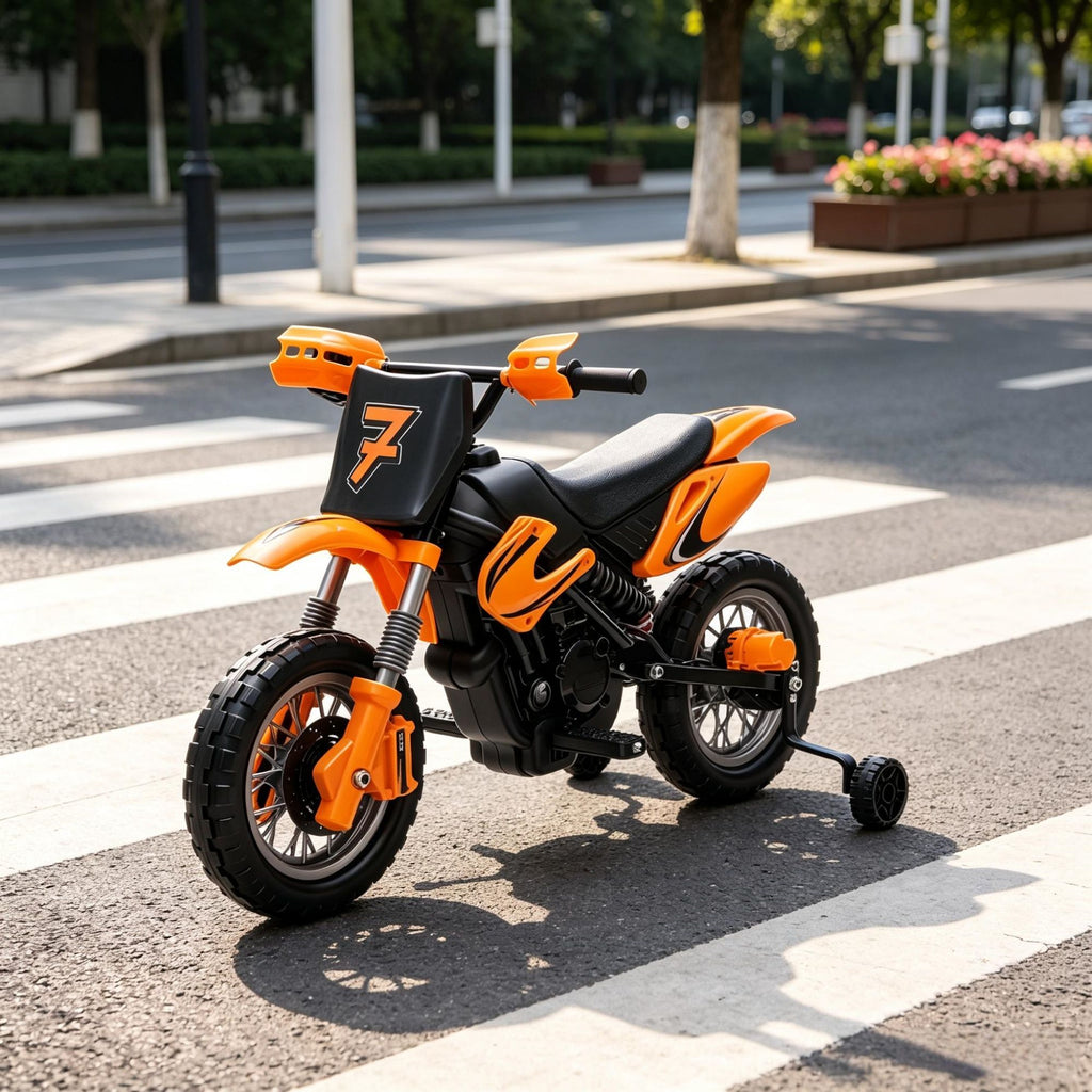 12V Kids Motorcycle 2 x 35W Electric Dirt Bike with Training Wheels Rear Suspension Horn Orange