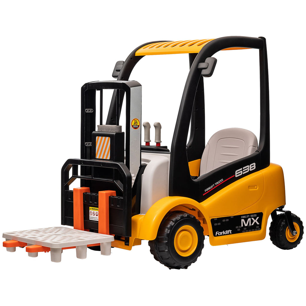 12V Kids Ride on Forklift Car with Tent, 360° Rotation Electric Ride On Excavator w/ Liftable Fork and Pallet, Music