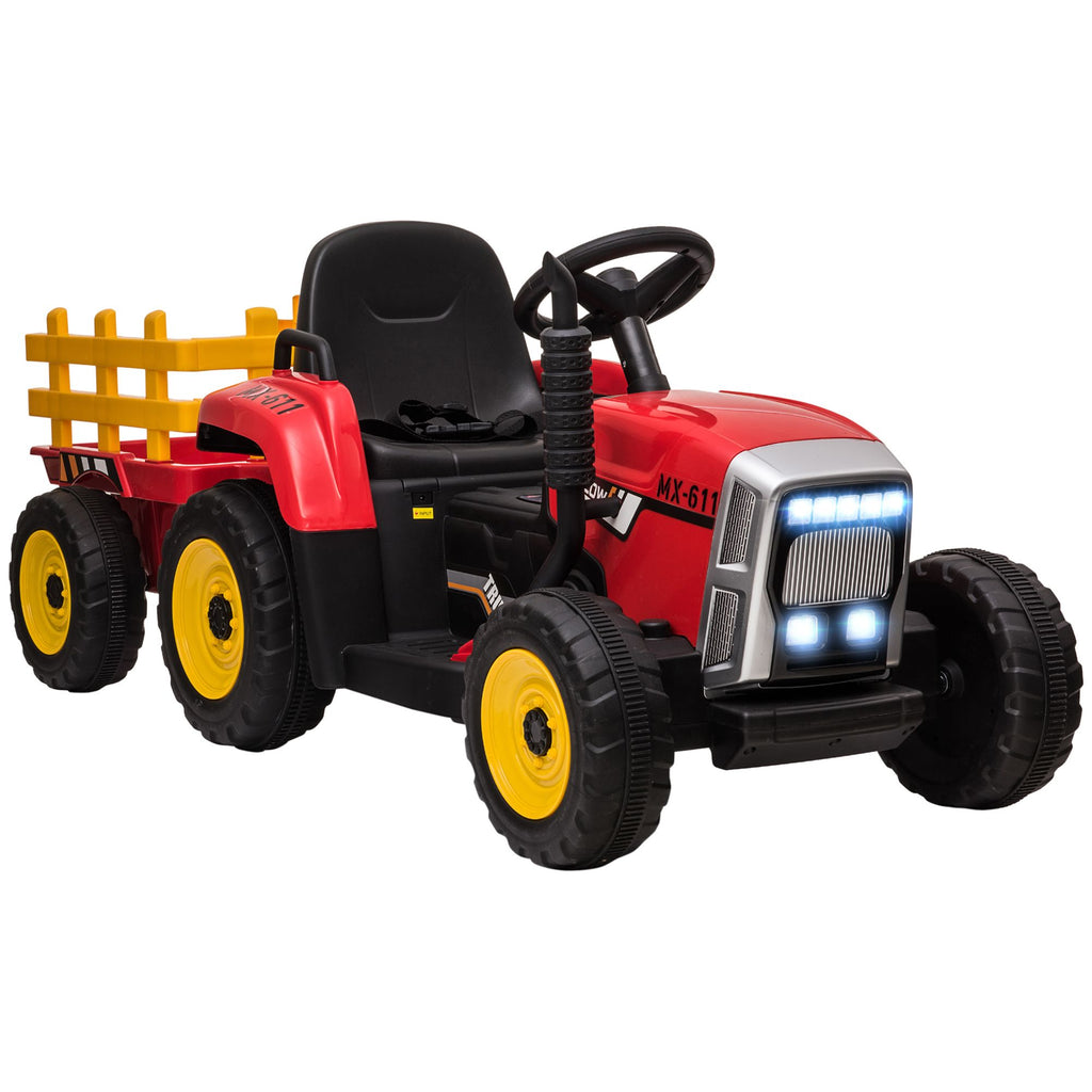 12V Red Ride-On Tractor with Trailer for Kids Electric with RC 2 Motors Music Horn LED Lights