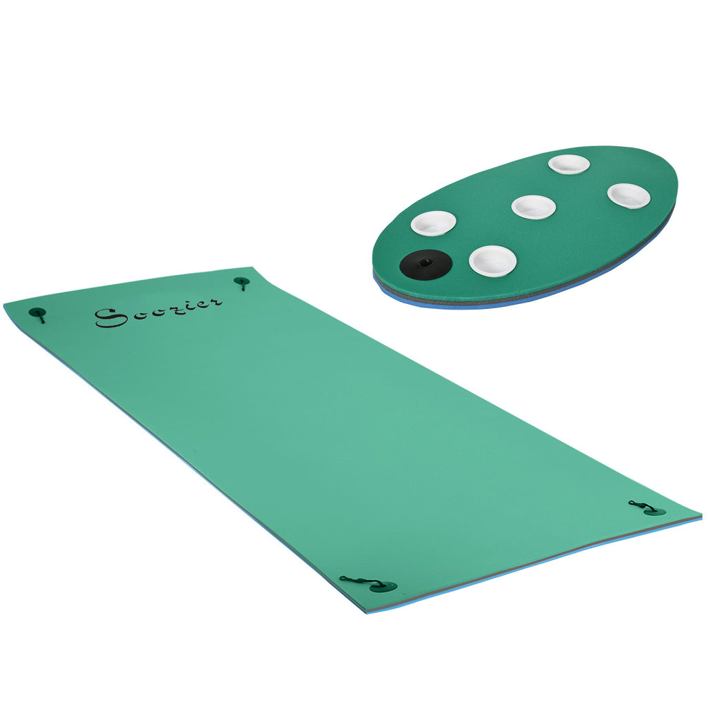 12x5ft Lily Pad Floating Mat with Drink Holders 3-Layer Portable Roll-Up Water Mat Float Dock for 2-3 People, Green