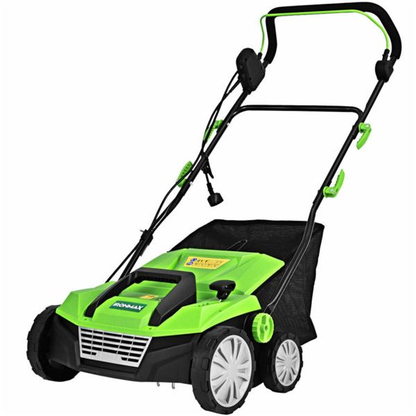 13 Inch 12 Amp Electric Scarifier with Collection Bag and Removable Blades Electric Lawn Dethatcher w/ 50L Collection Bag Green