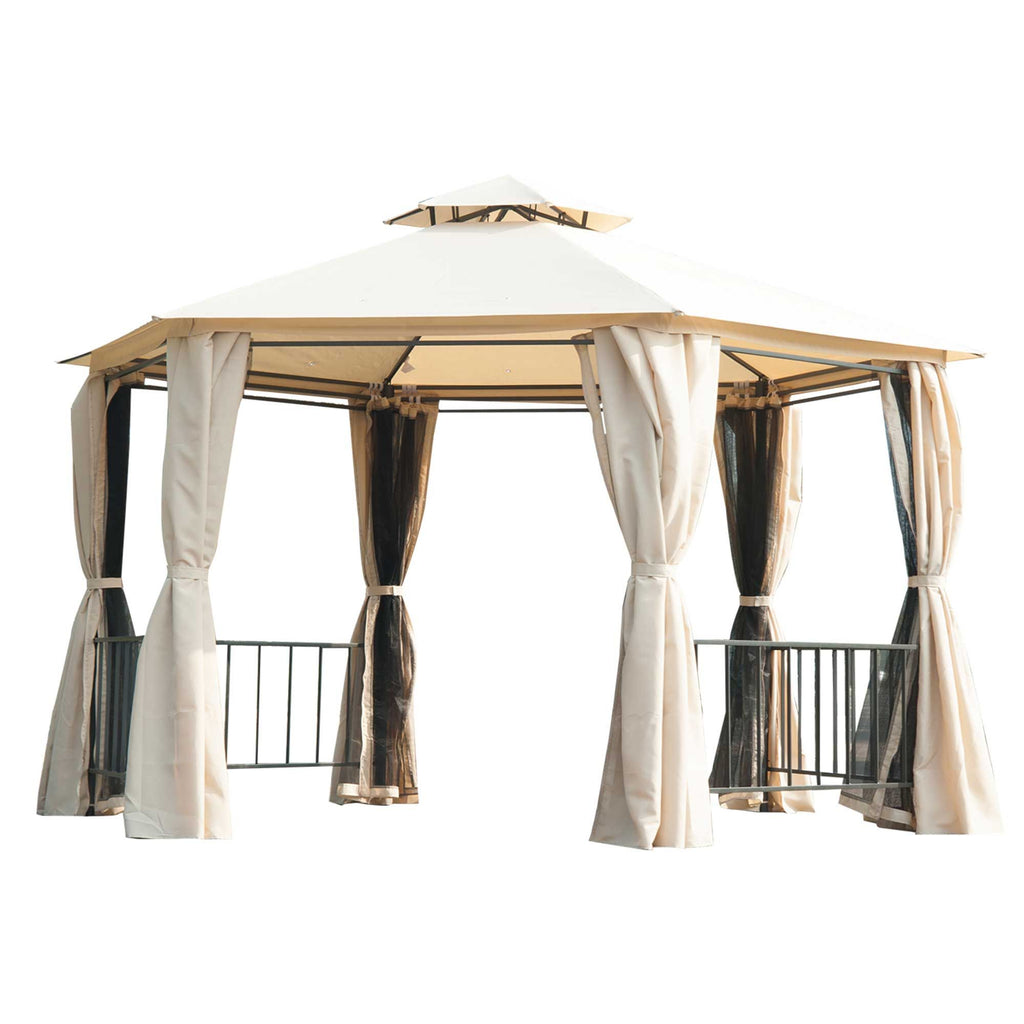 13' x 13' Party Tent, Hexagon Outdoor Canopy with Mesh Nettings & Curtains, Beige