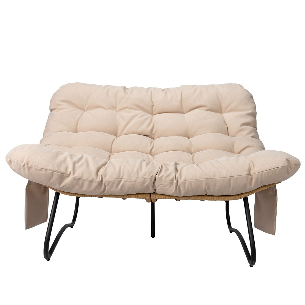 133×94×87cm 2-Seater Curved Wicker Loveseat with Magazine Pockets & Beige Cushion