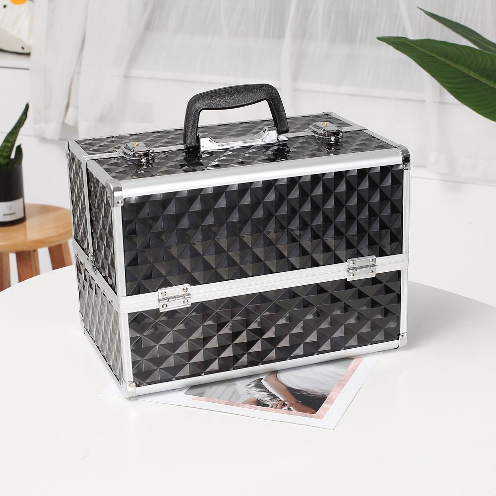 13.5" Makeup Train Case Professional Cosmetic Box with Adjustable Dividers 4 Trays and 2 Locks Black YF
