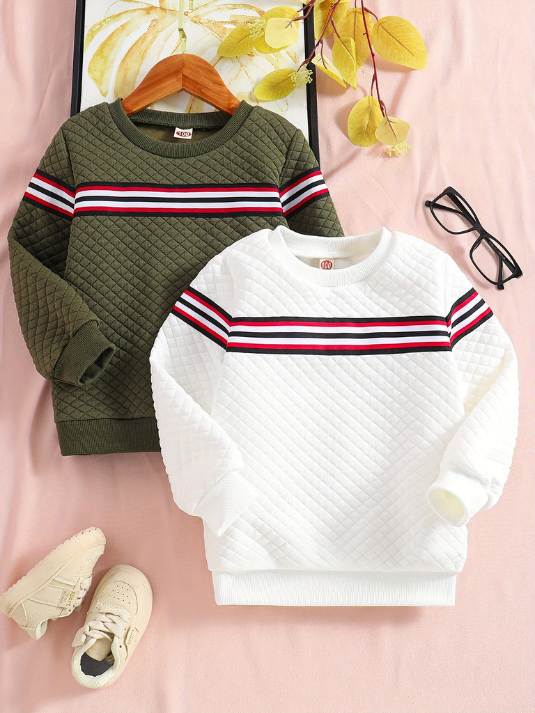 2pcs Boys Casual Striped Creative Textured Pullover Sweatshirt, Long Sleeve Crew Neck Tops, Kids Clothes Outdoor