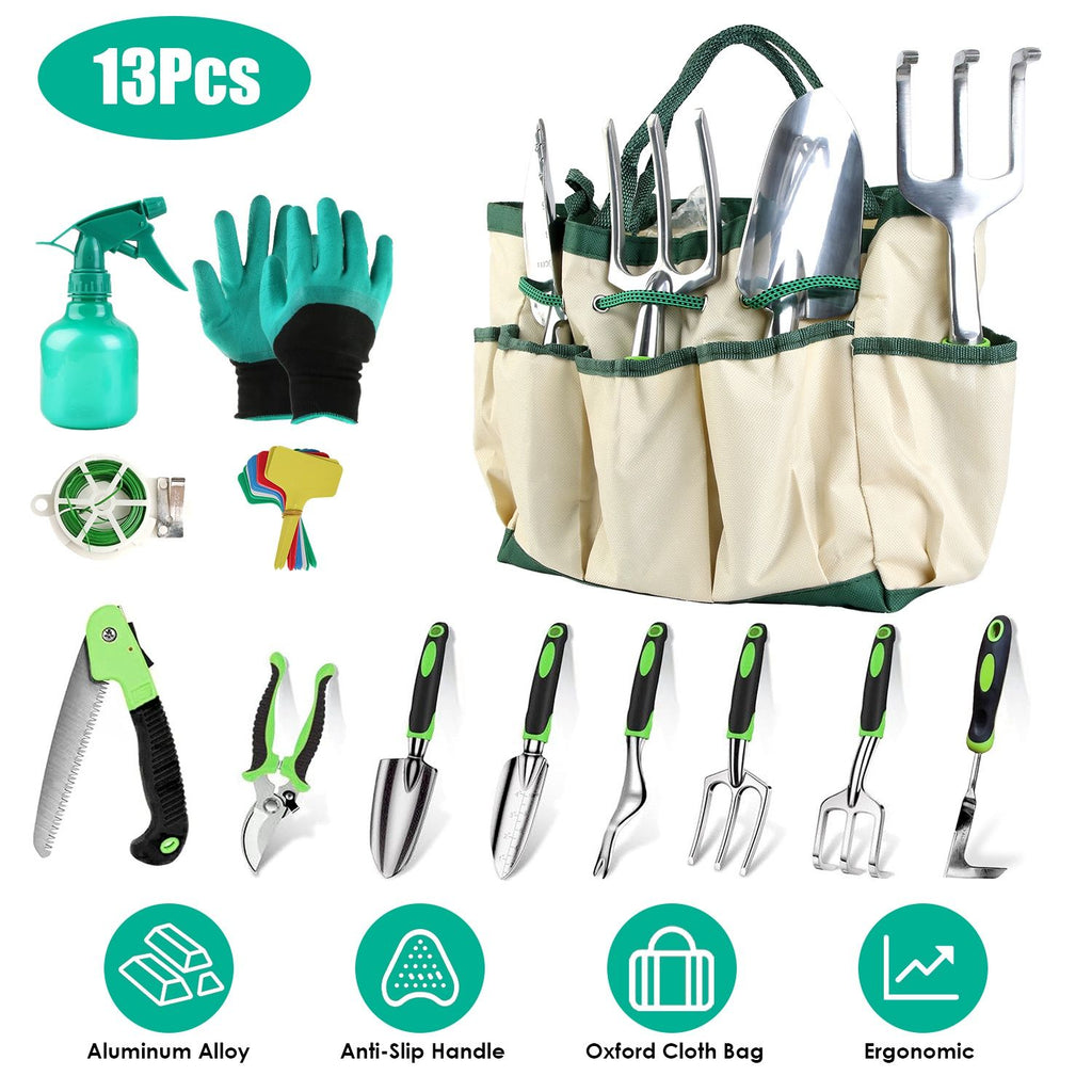 13Pcs Garden Tool Kit, HeavyDuty Aluminum Alloy Gardening Tools with AntiSlip TPR Handles, Oxford Carry Bag, Plant Markers for Digging, Loosening Soil & Pruning Work