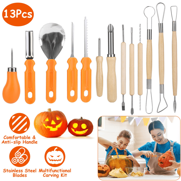 13PCS Pumpkin Carving Kit, All-in-One Halloween Jack-O-Lantern Tool Set with Scooper, Drill, Etching Tools, Double-Sided Saws & Sculpting Tools - Sturdy Stainless Steel Blades, Anti-Slip Wooden Handle