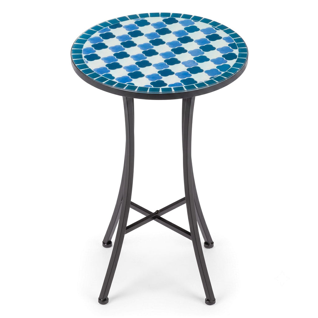 14 Inch Blue & White Checkered Mosaic Side Table, Round Iron Top End Table, Indoor Outdoor Accent Table