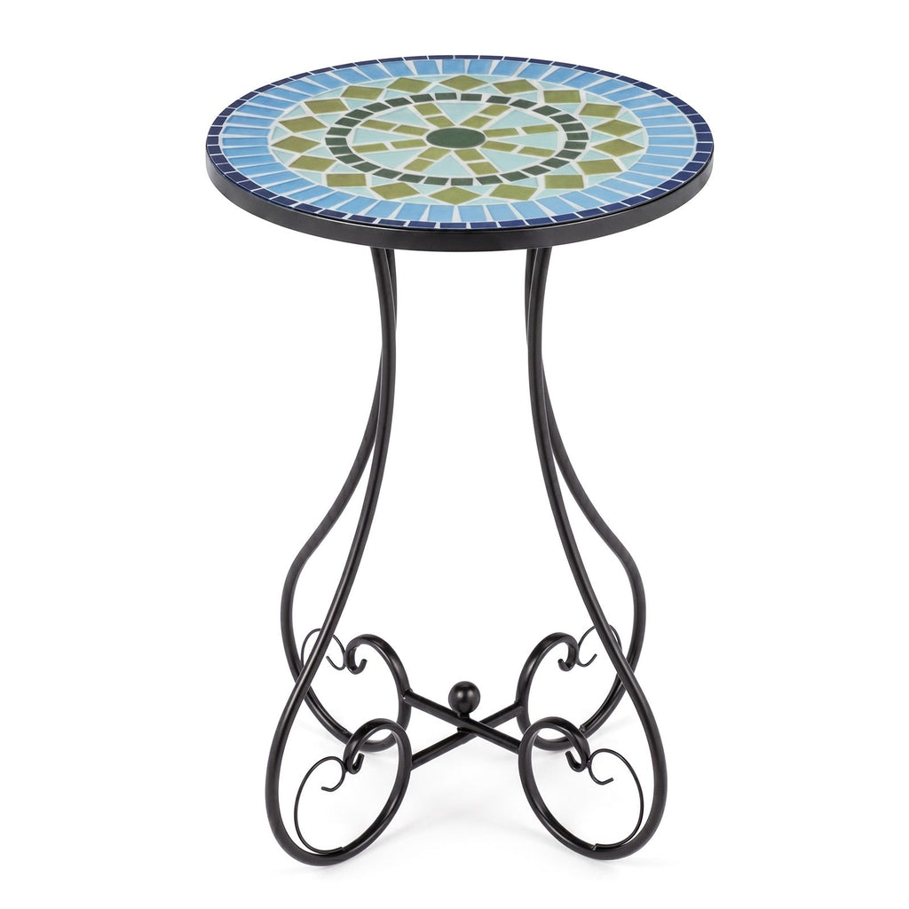 14 Inch Mediterranean Blue-Green Mosaic Side Table, Round Iron Top with Butterfly Legs, Indoor Outdoor Accent End Table