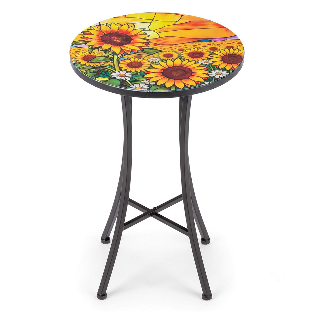 14 Inch Sunflower Mosaic Side Table, Round Iron Top End Table, Indoor Outdoor Accent Table