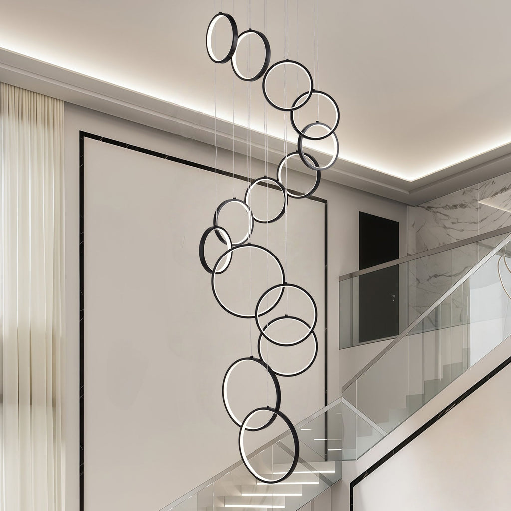 14 Ring High Ceiling Chandelier Foyer, Black Modern LED Large Staircase Long Chandeliers Light Fixture with Remote for Entryway Living Room