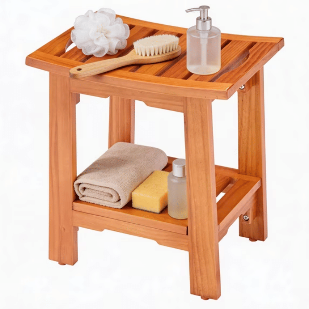 14" Teak Shower Bench, Bathroom Spa Stool for Small Bathrooms Tub Outdoor Use, Non-Slip Adjustable Seat for Seniors