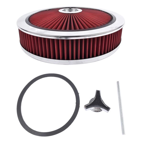 14" x 3" Aluminum Round Red Thru Air Cleaner Drop Base with Chrome Lid for Chevrolet SBC BBC