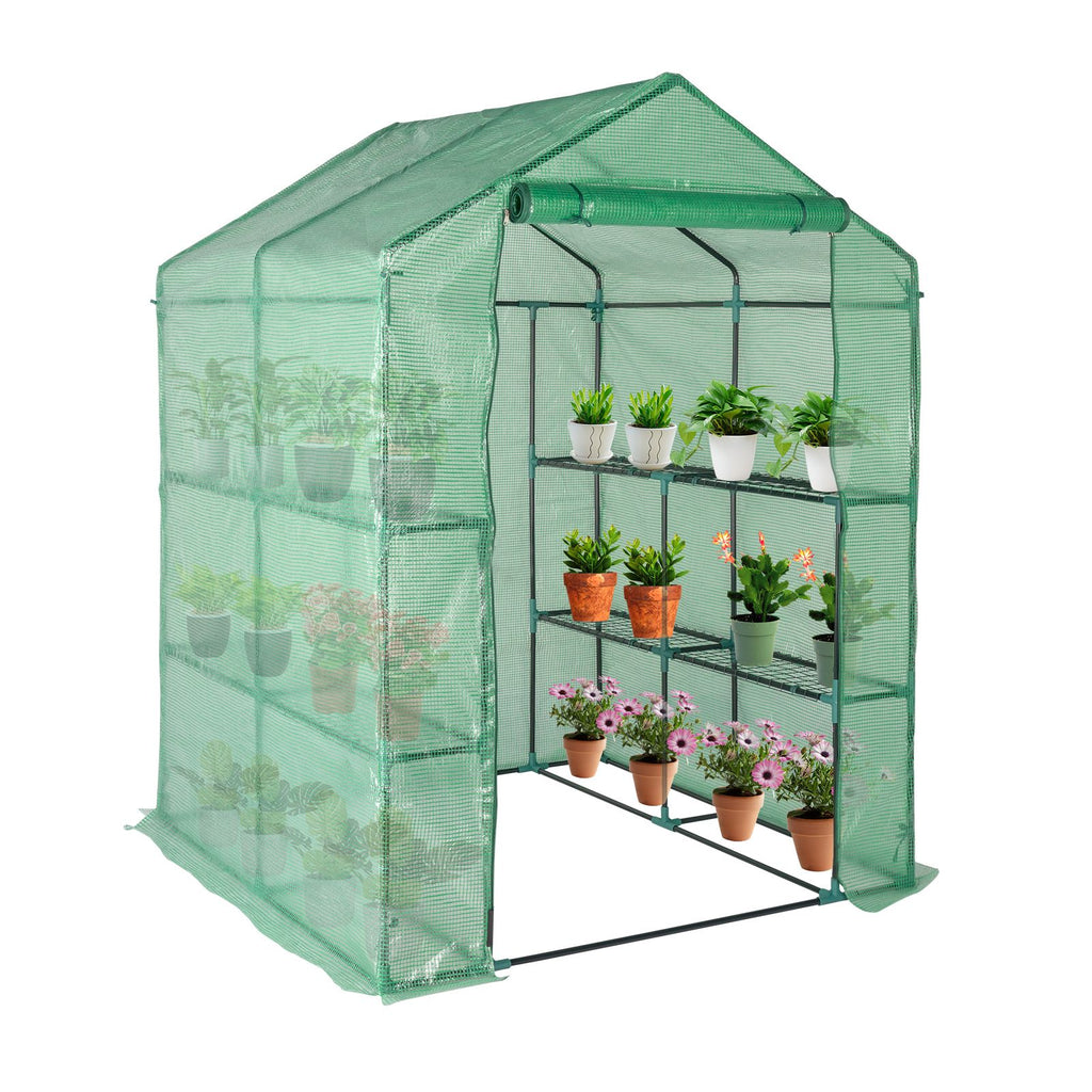 143x143x195cm Black Iron Pipe Steeple With 8 Pieces Grid Flower Stand With Zipper Rolling Door PE Cloth Greenhouse(SAME AS 54690859)