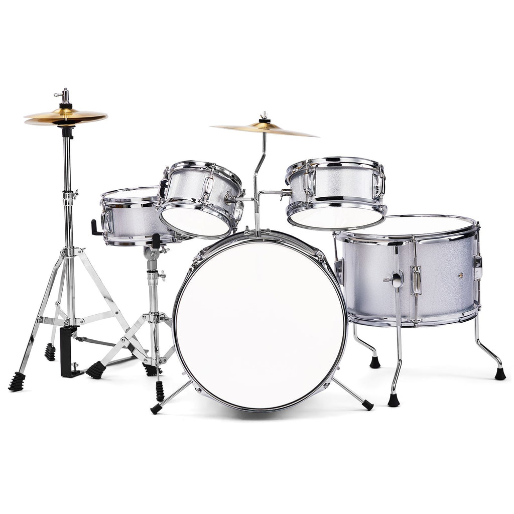 14"x10" 5-Pieces Junior Kids Drum Set Kit Pedal Drum Stick Wrench Drum Stool Silver