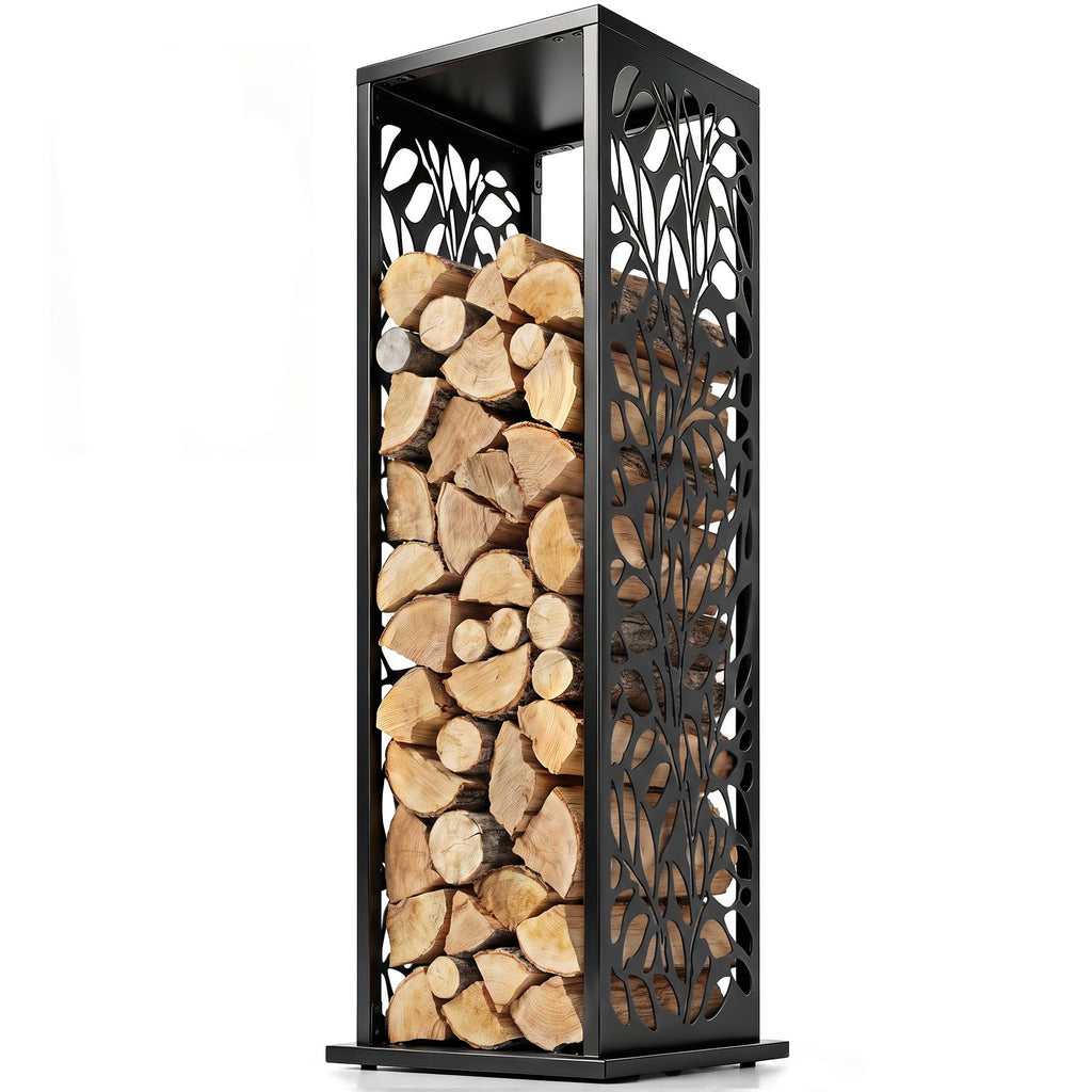 15 Inch Firewood Rack Outdoor Indoor, Cutout Galvanized Steel Firewood Holder with Hooks, Adjustable Pads, Black