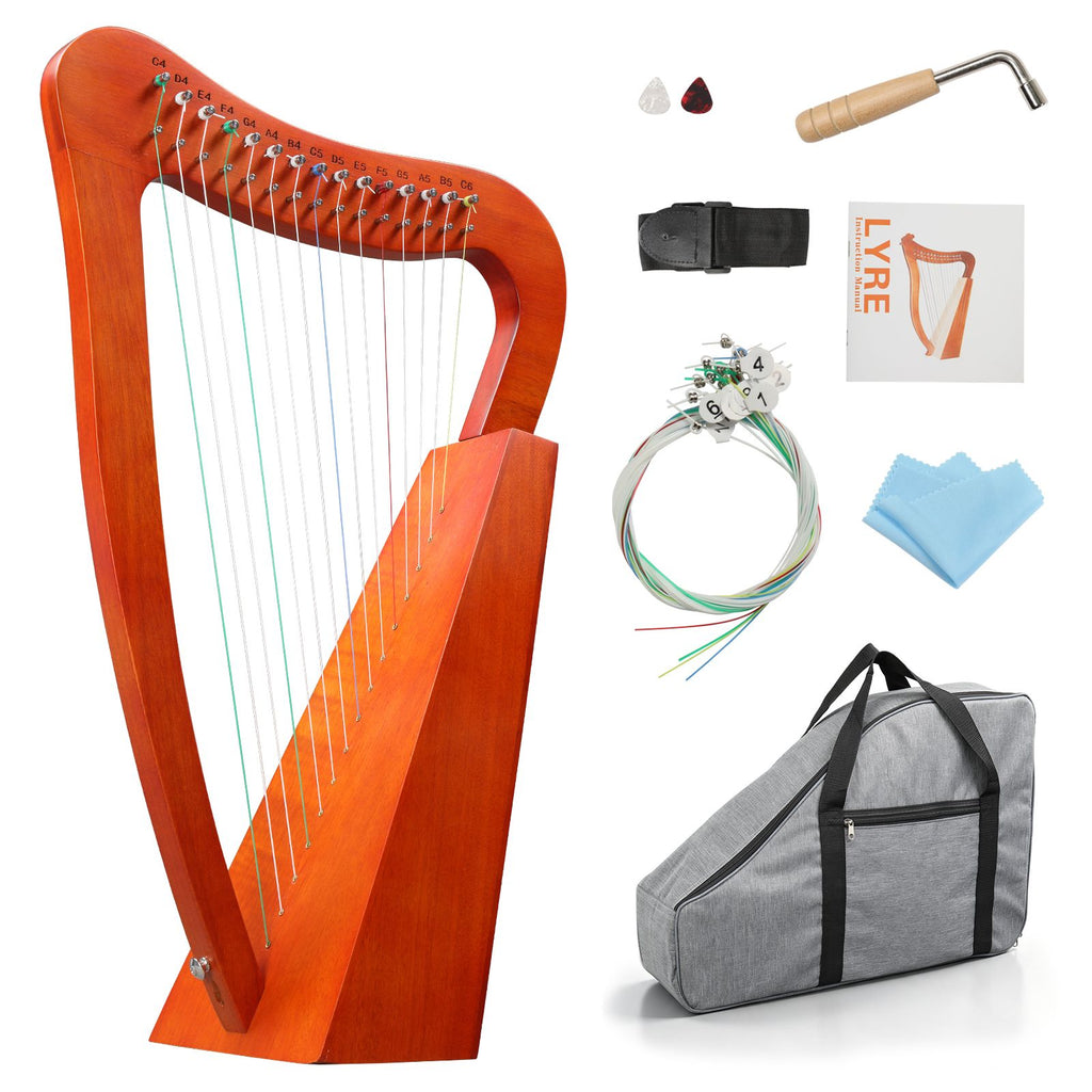 15-string portable solid mahogany harp, mahogany color, with padded padding, extra strings, adjustment wrench, instruction manual, carrying strap, cleaning cloth.