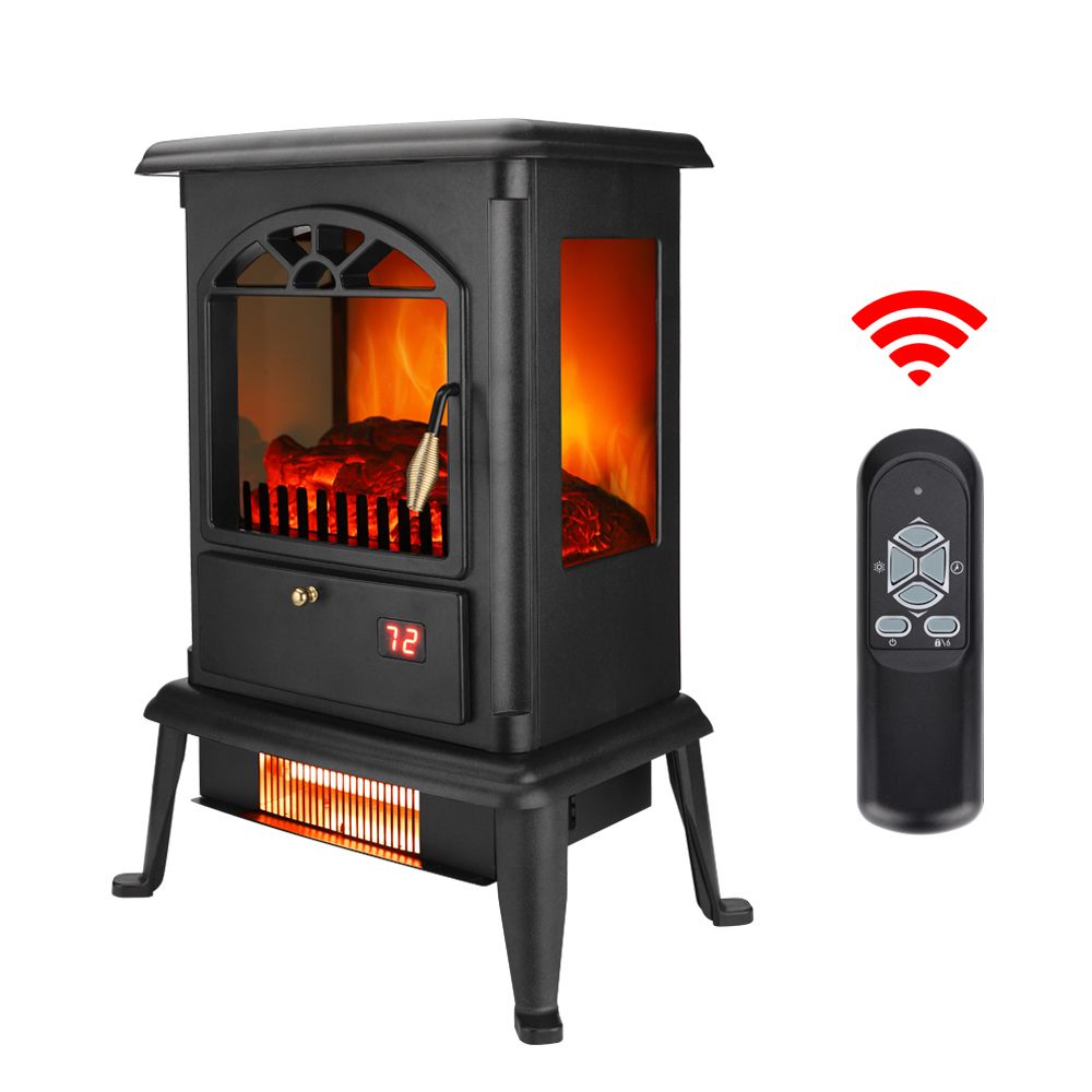 1500W Freestanding Three-door Glass 3D Flame Fireplace with Remote Control/Quartz tube heating/Fake Firewood/7 Color/4 levels of brightness