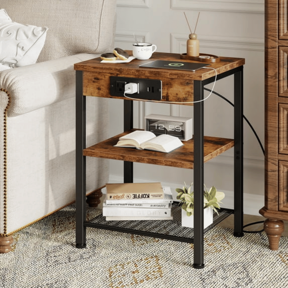 15.7" Small Side Table with Charging Station, End Table with Outlets & USB Ports, 3-Tier Adjustable Storage Nightstand for Living Room, Bedroom, Small Spaces, Brown (Shipment from Walmart)