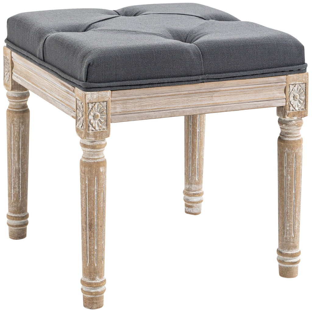 15.75" Vintage Ottoman, Tufted Foot Stool with Upholstered Seat, Rustic Wood Legs for Bedroom, Living Room, Grey
