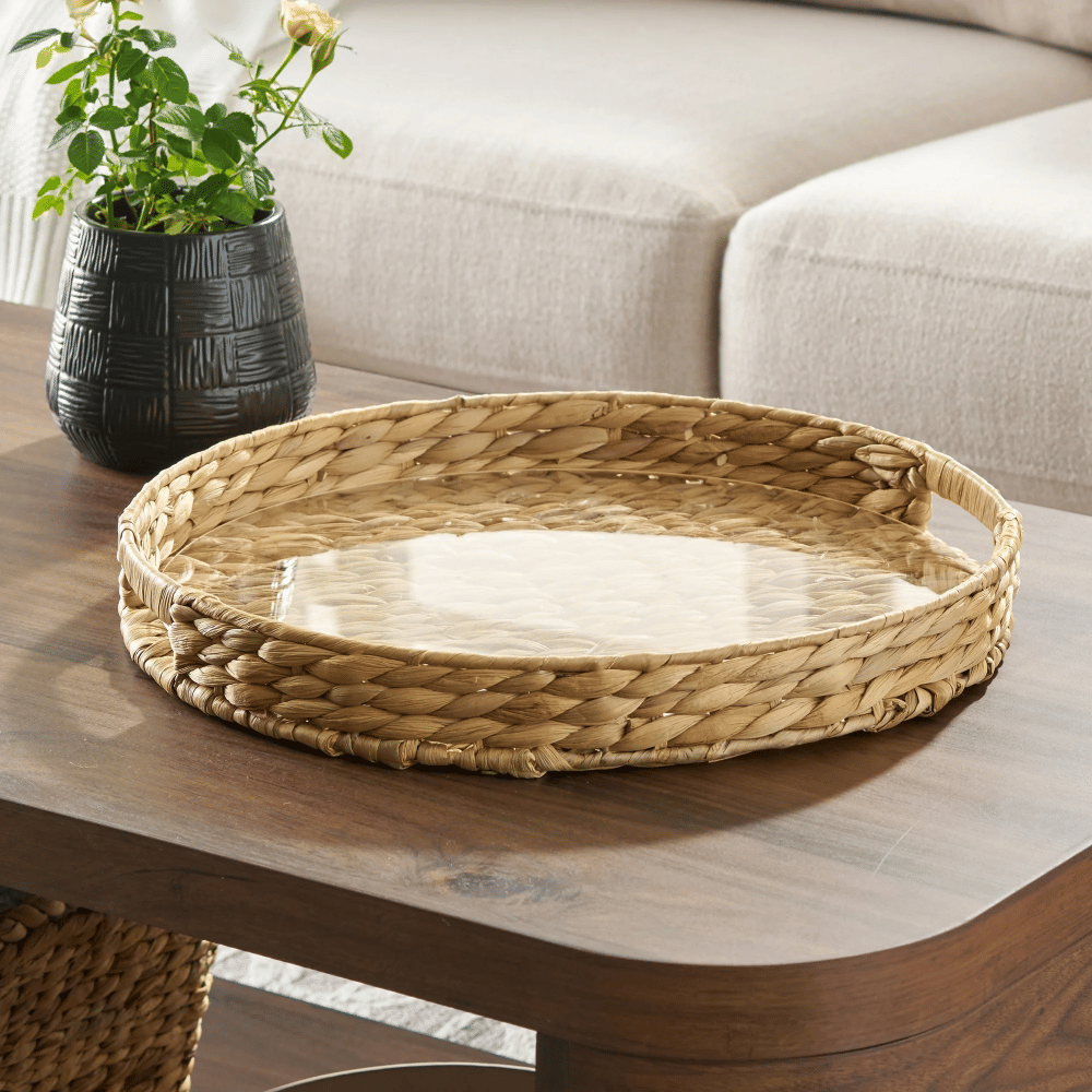 16-Inch Natural Water Hyacinth Decorative Tray with Clear Acrylic Insert, 1 Count