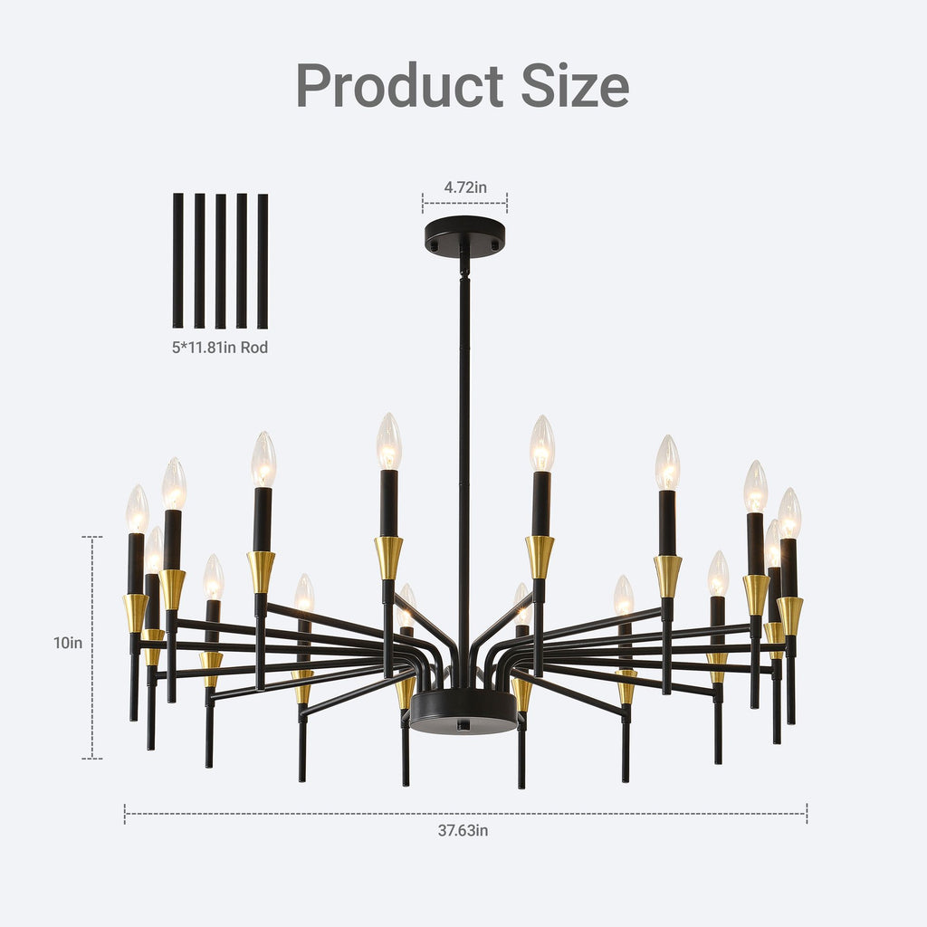 16-Light Black Gold Chandelier, 37.63" Modern Farmhouse Chandelier for Dining Room Over Table, Large Candle Chandelier for Living Room, Foyer