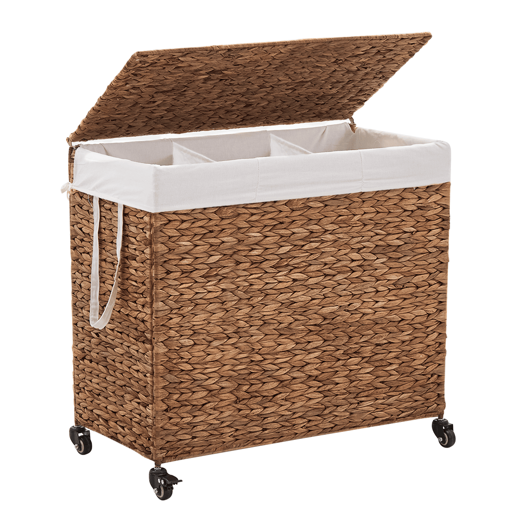 160L 3-Section Laundry Hamper with Lid and Wheels, Woven Natural Water Hyacinth Rolling Laundry Hamper