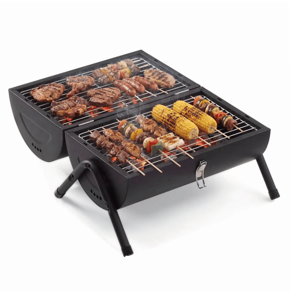 16.3 in Compact Portable Charcoal Grill, Small Two-Side Tabletop BBQ Grill with 2 Grates, Ash Trays, Carry Bag, Black