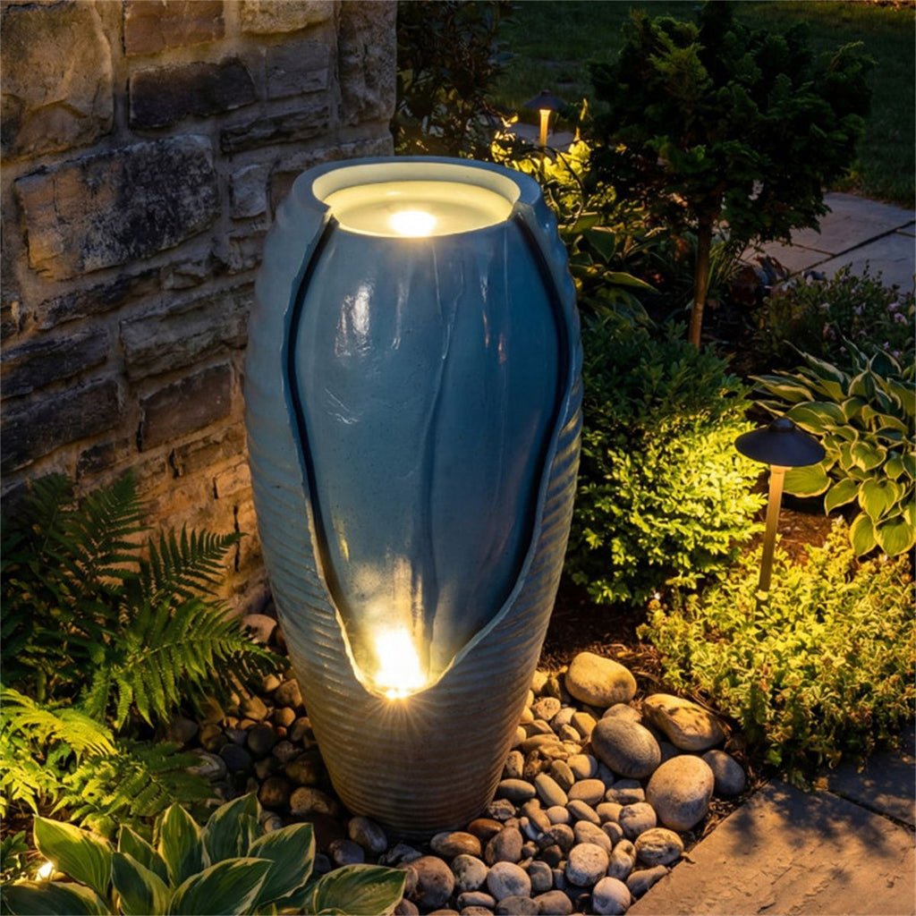 16"×32" Outdoor Cracked Jar Water Fountain with LED Lights Resin Patio Water Feature