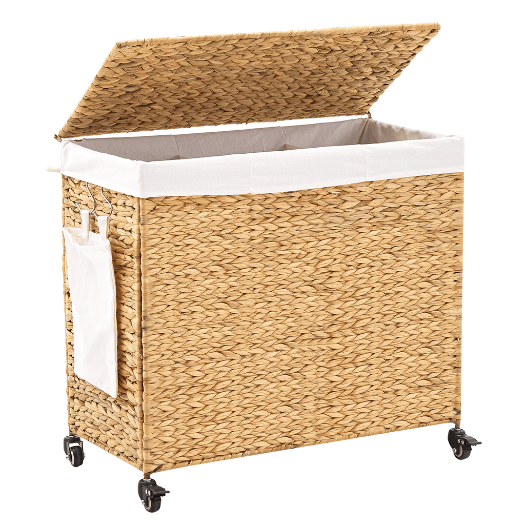 165L 3-Section Laundry Hamper with Lid and Wheels, Woven Natural Water Hyacinth Rolling Laundry Hamper