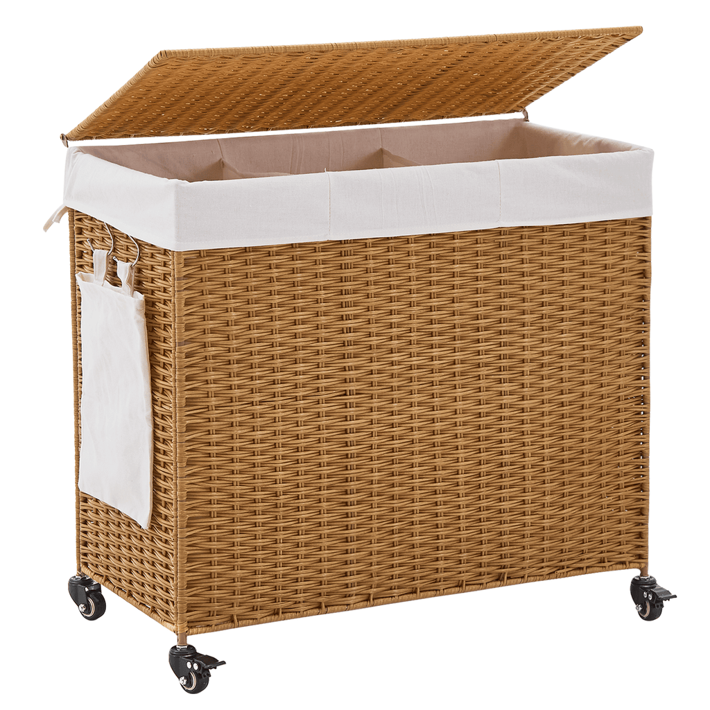 165L 3-Section Laundry Hamper with Lid and Wheels, Woven Rattan Rolling Laundry Hamper