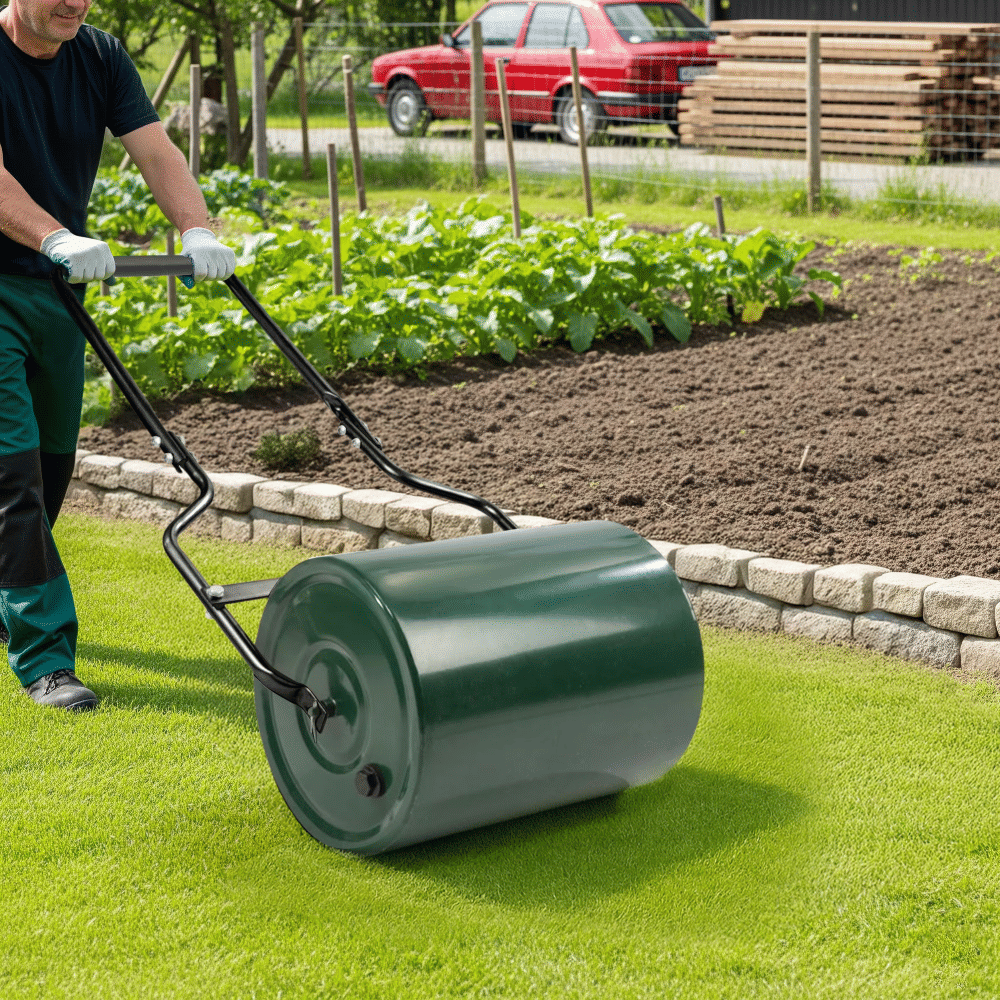 16in Heavy Duty Steel Lawn Roller,GardenRoller Can Be Filled with Water or Sand, Hand Roller with U-shaped Handle, Green & Black