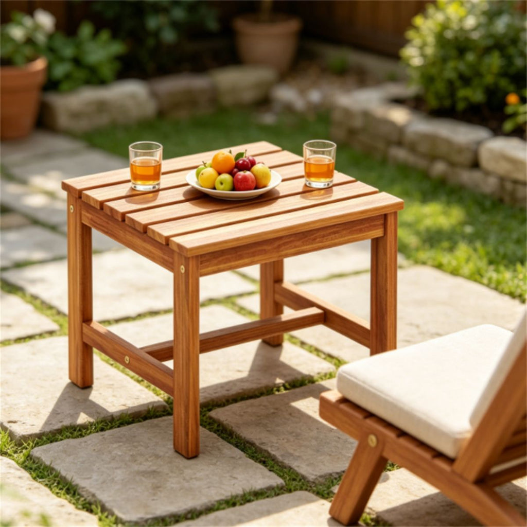 17 Acacia Wood Outdoor Side Table, Square Slatted Patio End Table with Drainage Design, HeavyDuty Reinforced Frame Bistro Table for Backyard Garden Poolside