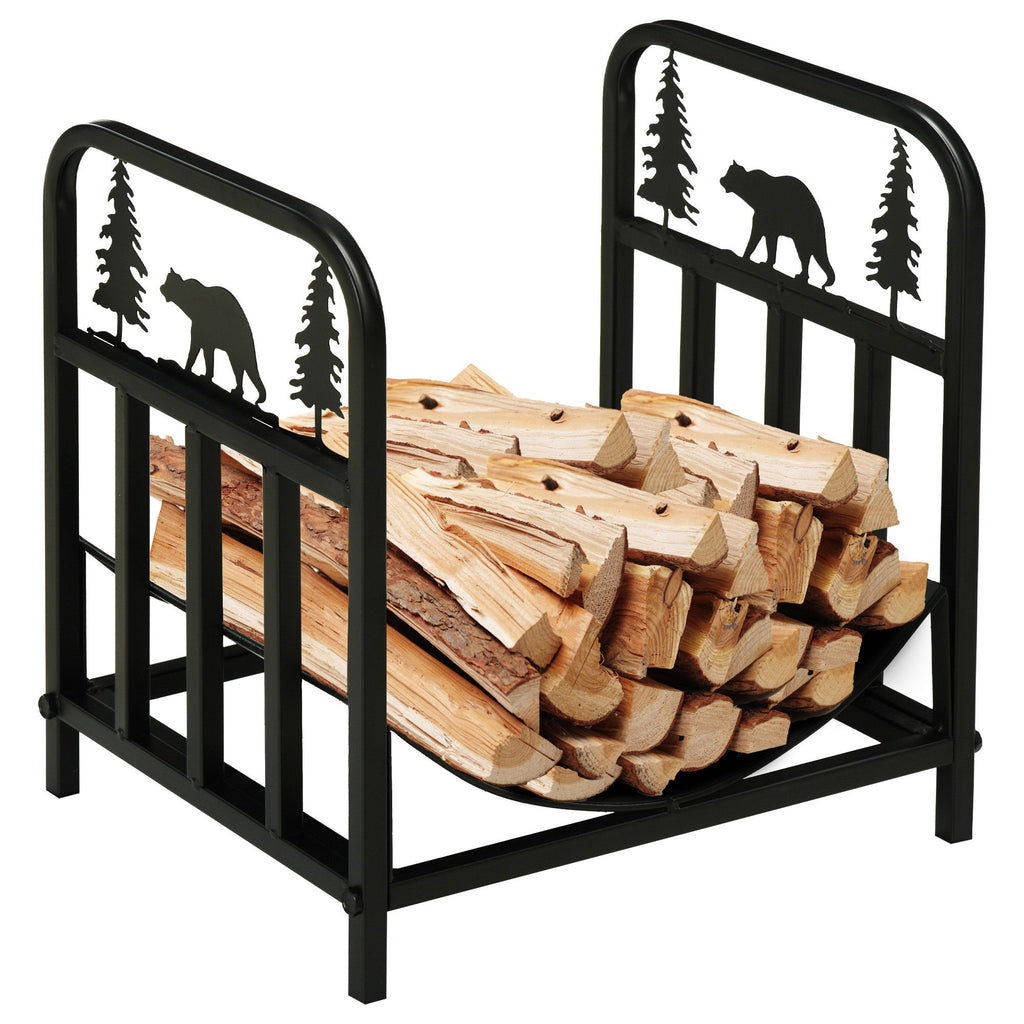 17" Firewood Rack, Indoor Outdoor Firewood Holder, Curved Bottom with Bear and Tree Theme for Fireplace, Wood Stove, Black
