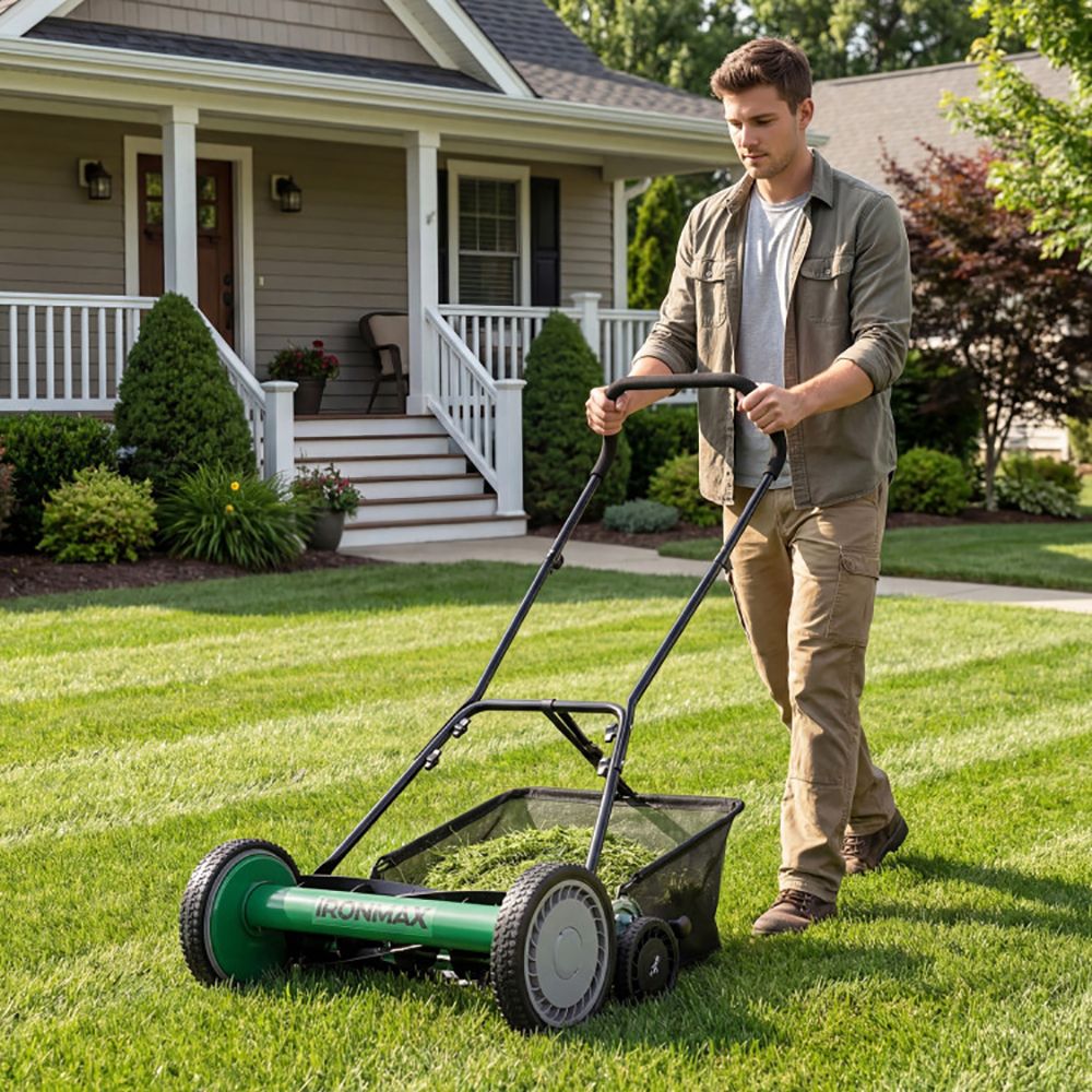 18 Inch Push Reel Lawn Mower 4-Position Adjustable with Removable Grass Catcher