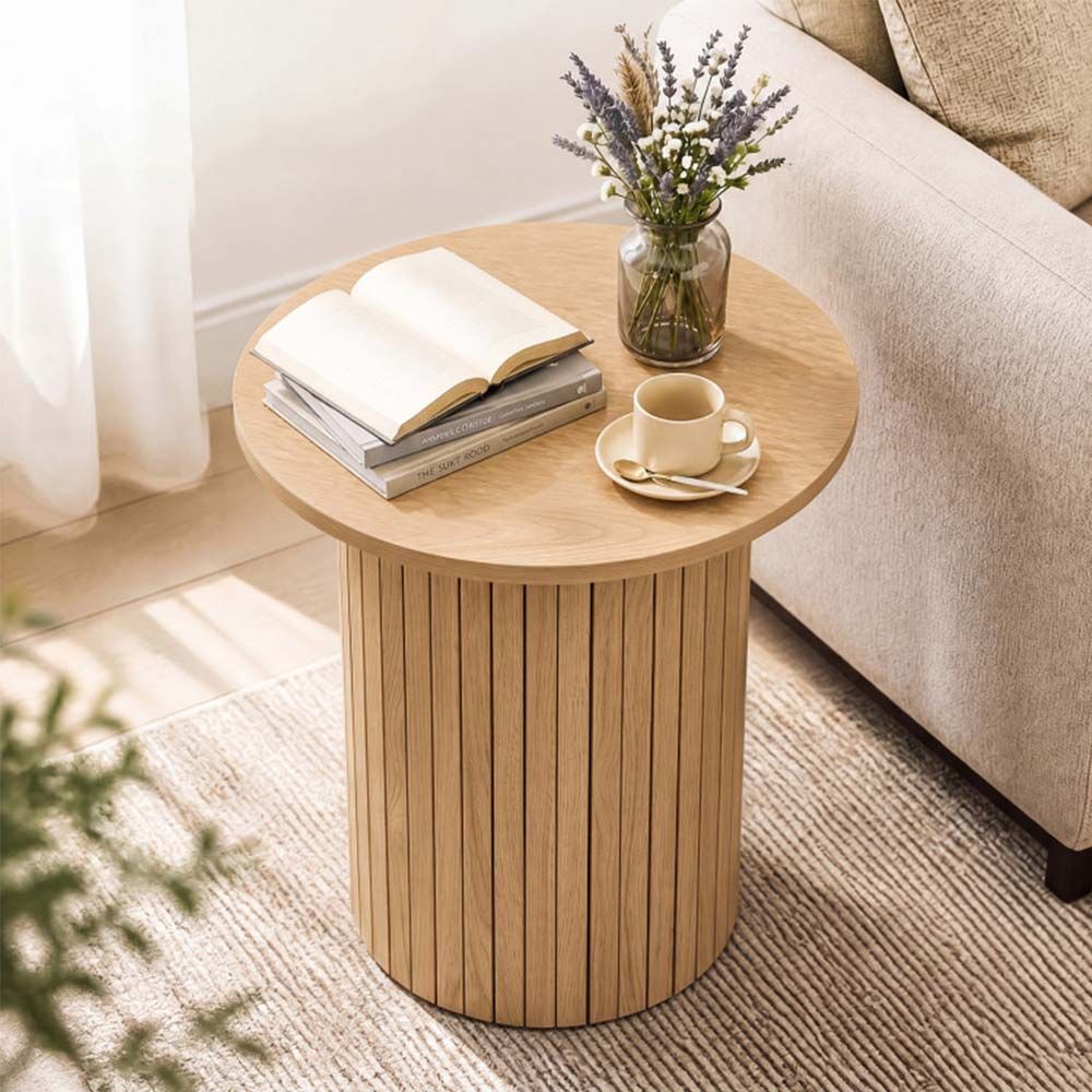 18" Round Fluted Side Table with Pedestal Drum Design and Non-Slip Foot Pads for Small Spaces
