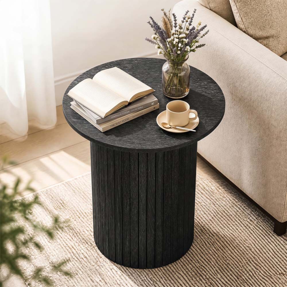 18" Round Fluted Side Table with Pedestal Drum Design and Non-Slip Foot Pads for Small Spaces