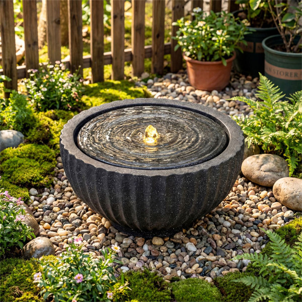 18" Round Sphere Water Fountain with 6 LED Lights Gray Resin Indoor Outdoor Water Feature