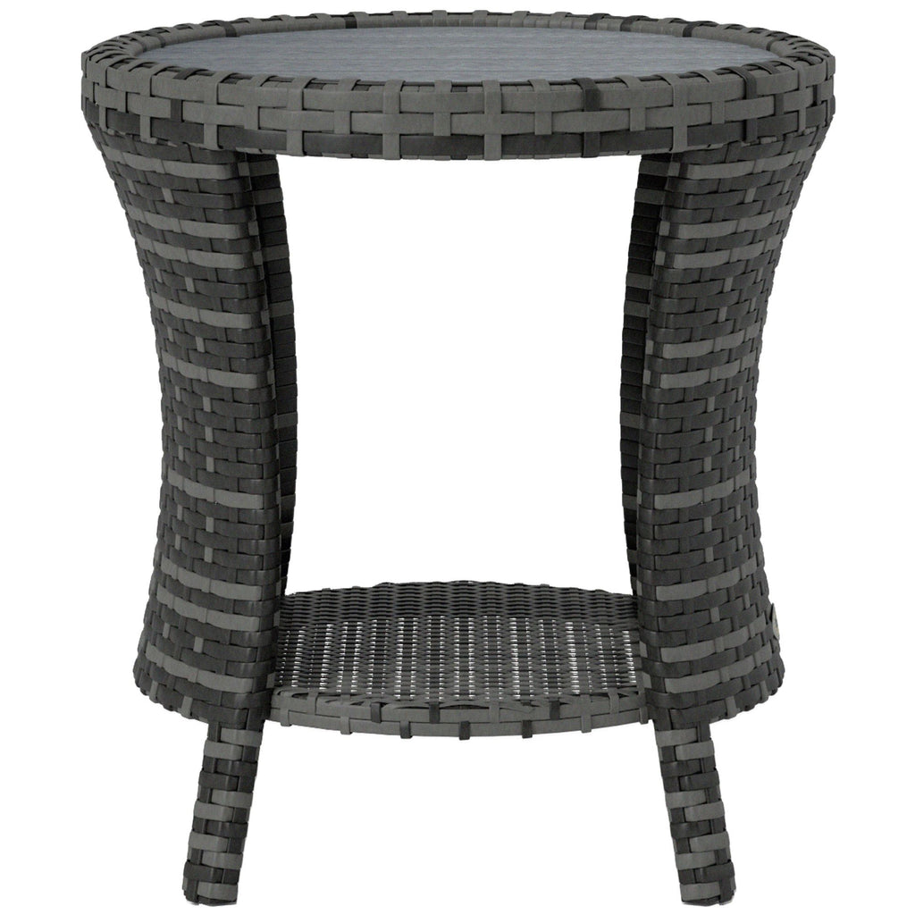 18" Wicker Outdoor Coffee Table, PE Rattan Patio Side Table with 2-Tier Storage, Composite Wood Top, Gray