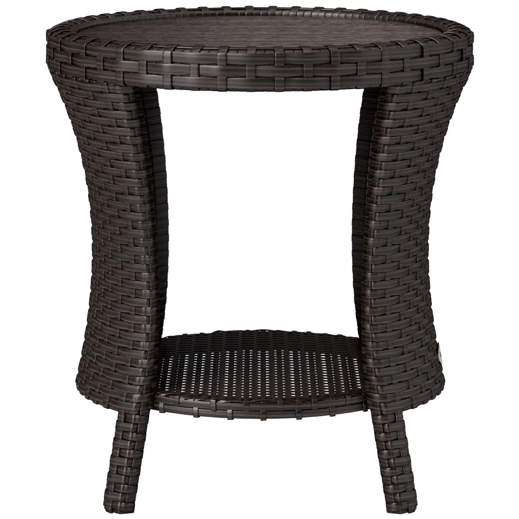 18" Wicker Outdoor Coffee Table, PE Rattan Patio Side Table with 2-Tier Storage, Composite Wood Top, Mixed Brown