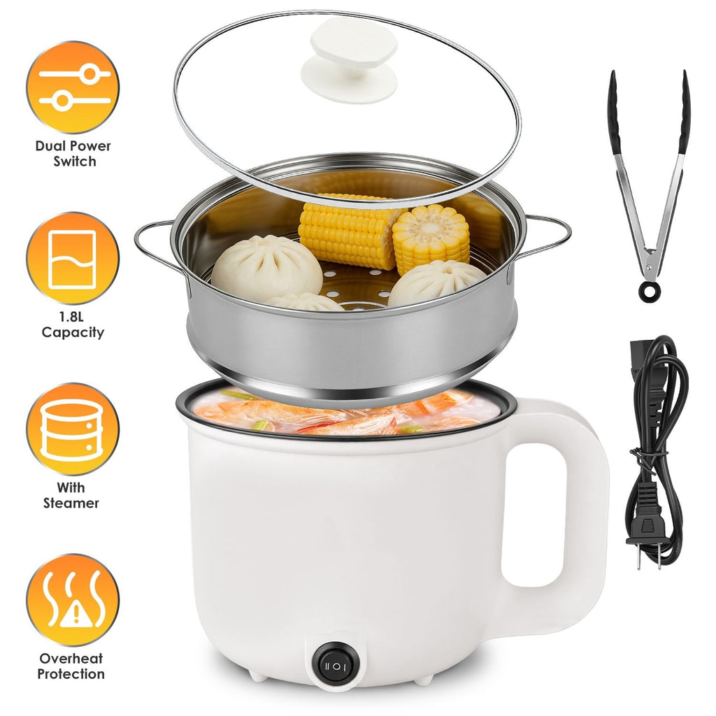 1.8L Electric Hot Pot with Ceramic Inner Liner, Dual Power 300W/600W Multi-Cooker with Steamer Rack, Auto Shut-Off Dry-Boil Protection, Portable Electric Cooker for Dorm Office Travel