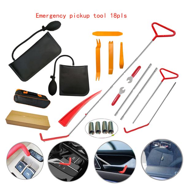 18pcs Car Tools Kit with 4 long reach grabbers; 2 air bag pumps; 4 trim removal tools; 4 fastener nuts; 2 wrenches; 1 injury free wedge; 1 tool case bag; 1 manual