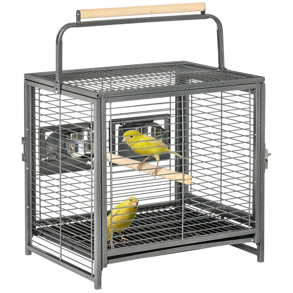 19" Travel Bird Cage Parrot Carrier with Handle Wooden Perch for Cockatiels, Conures, Black