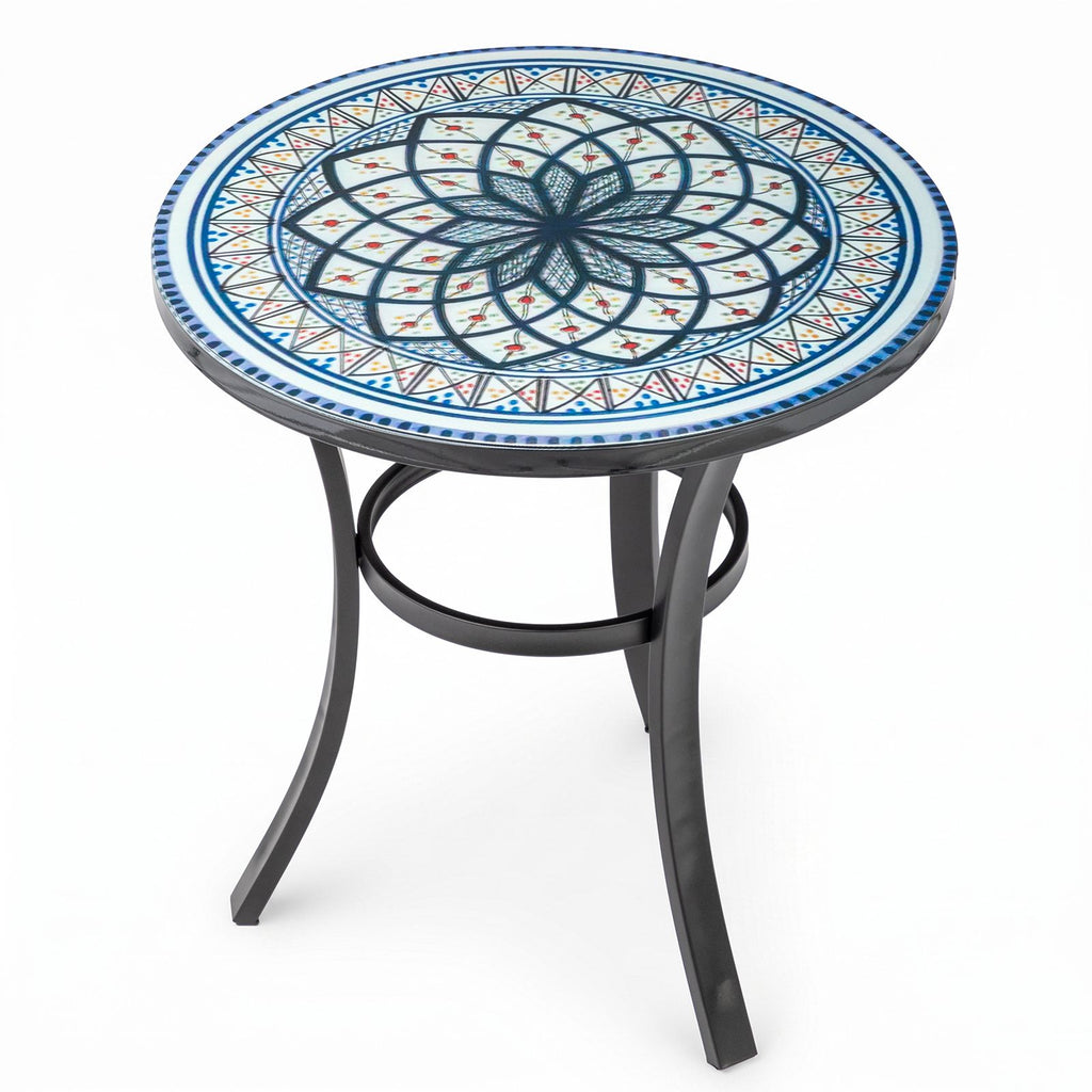 19.5 Inch Blue & White Mandala Mosaic Side Table, Round Iron Top with Tripod Legs, Indoor Outdoor Accent End Table
