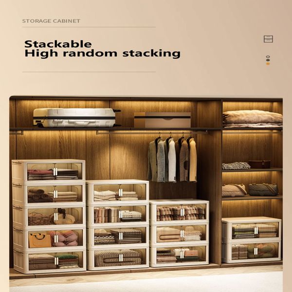 19.69" Side Wide Folding Storage Cabinet ,3 Tiers,19.69"×11.81"×31.1",Collapsible Storage Bins with Magnetic Door, Plastic Storage Cabinet with Wheels, Closet organizers and Storage Containers