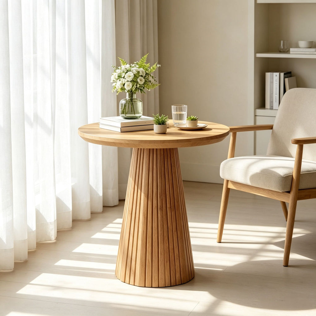 19.7" Round End Table, Wood Pedestal Side Table with Fluted Base, Accent Table for Living Room & Bedroom