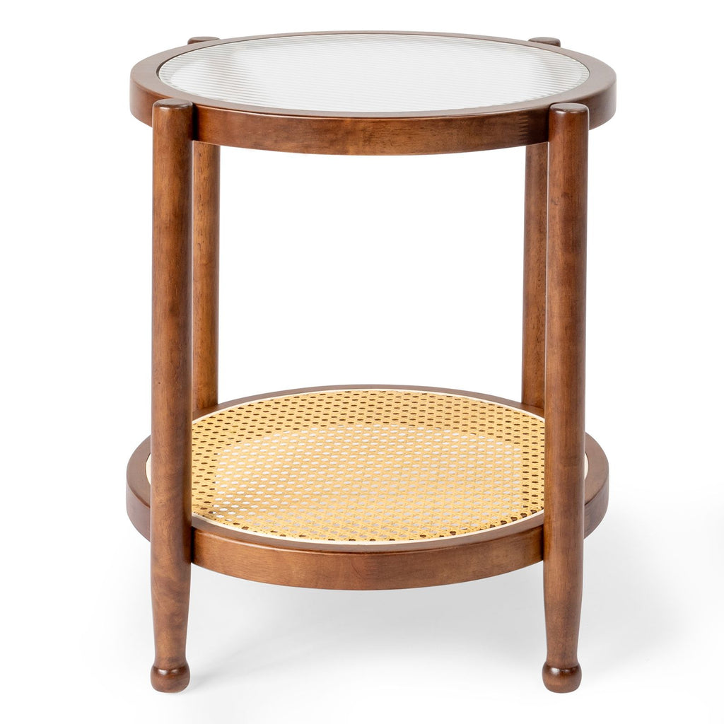19.7in Rattan Coffee Table with Glass Top, Small Round End Table, Boho Style Side Table Sofa End Table for Living Room Balcony Patio, Walnut