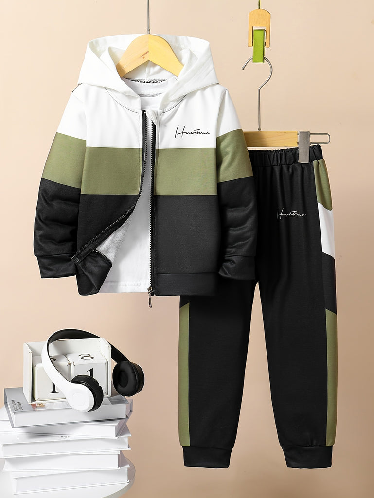 2pcs Boy's Colorblock Hoodie Outfits, Casual Zip Up Hoodies Long Sleeve Pullover Hooded Sweatshirt & Pants Joggers Set