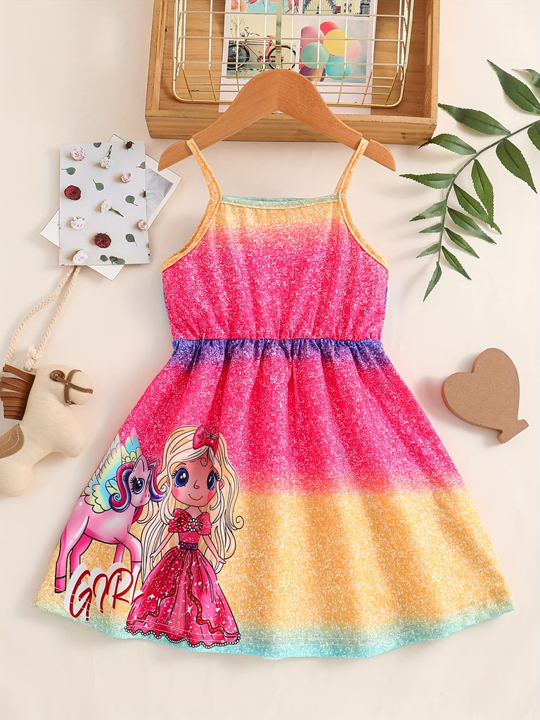 Girls Going Out Dress Spaghetti Strap Cartoon Unicorn Print Casual Dress Knee Length For Summer Daily